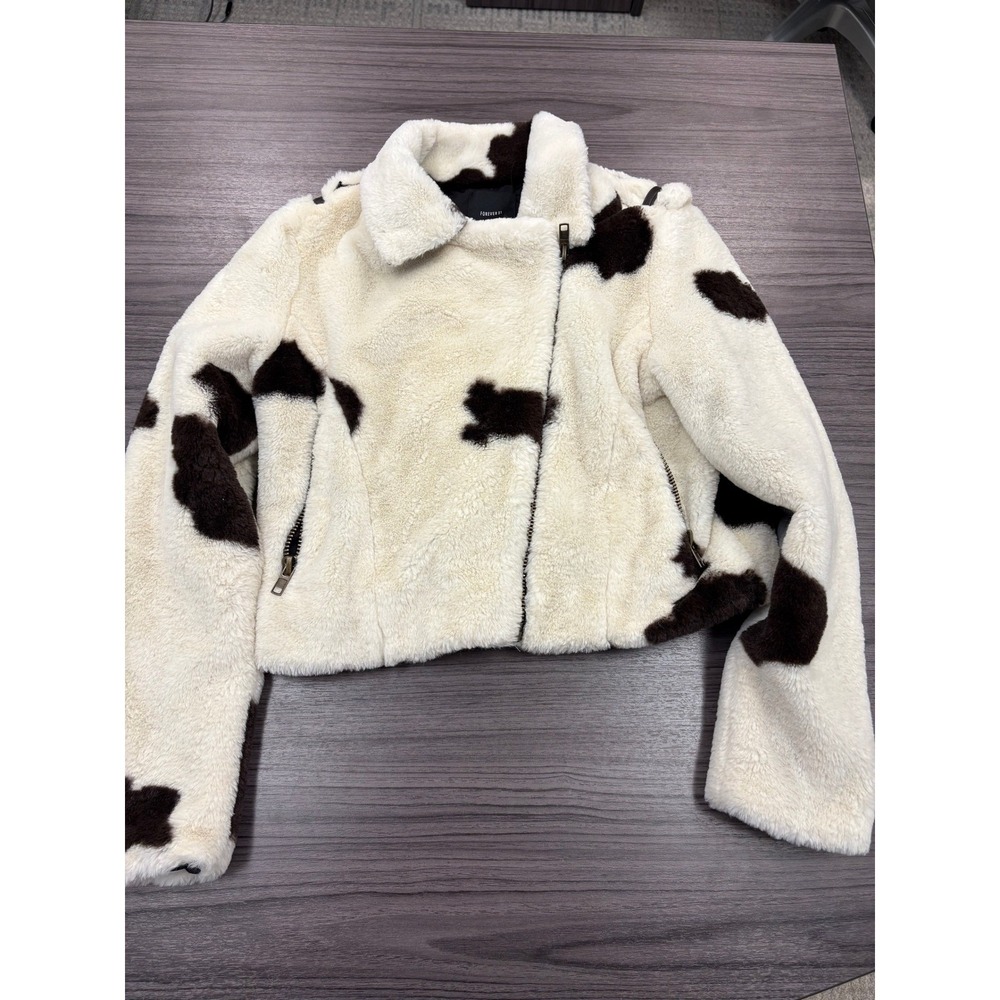 Forever 21 Cow Print Sherpa Jacket Women's Small Cropped Faux Fur Zip Coat